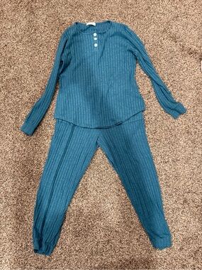 Ribbed Knit Two-Piece Lounge Set - Teal